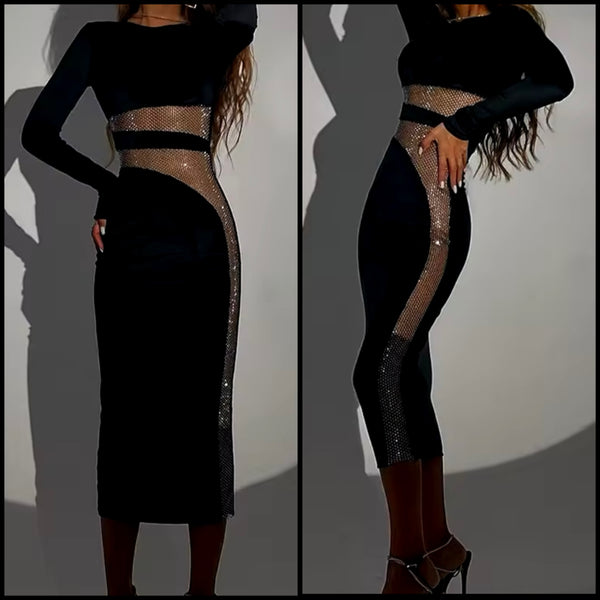 Women Sexy Black Bling Mesh Patchwork Maxi Dress