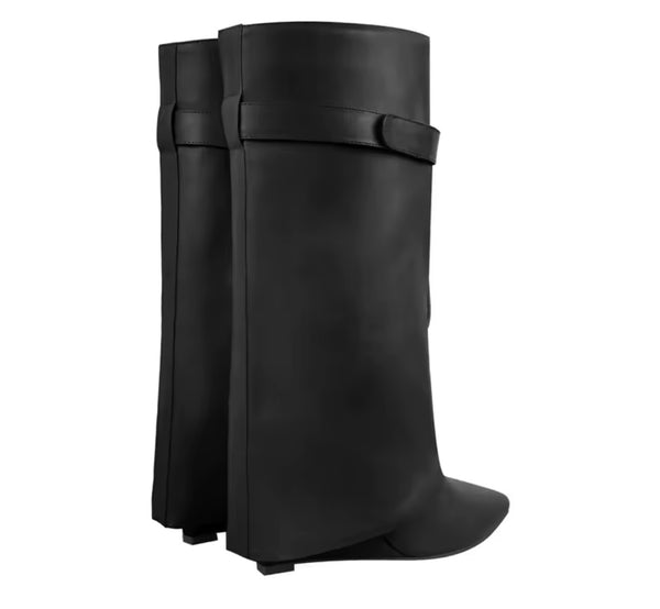 Women Fashion Pointed Toe Front Zipper Wedge Knee High Boots