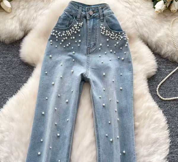 Women Fashion Blue Pearl Denim Flare Pants