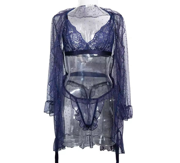 Women Sexy Lace Three Piece Lingerie Set