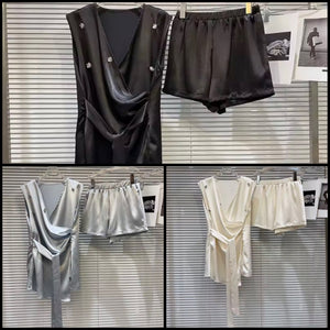 Women Sexy Sleeveless Bling Satin Two Piece Short Set