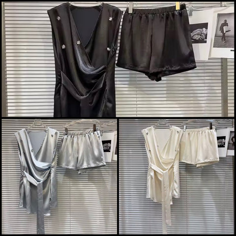 Women Sexy Sleeveless Bling Satin Two Piece Short Set