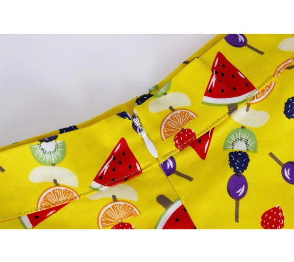 Women Yellow Fashion Fruit Print Pleated Skirt