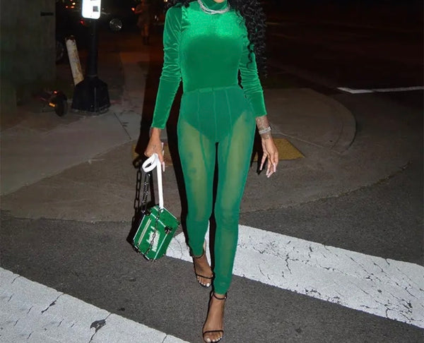 Women Green Sexy Velour Bodysuit Two Piece Mesh Pant Set