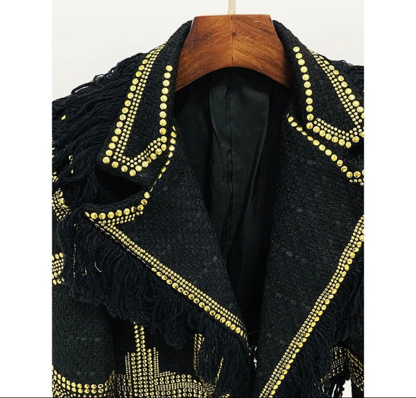 Women Gold Sequins Patchwork Fringe Blazer Jacket