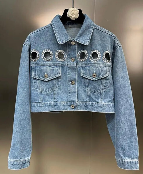 Women Fashion Cut Out Rhinestone Patchwork Denim Jacket