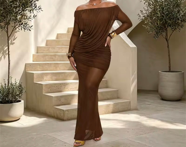 Women Sexy Off The Shoulder Full Sleeve Ruched Mesh Maxi Dress