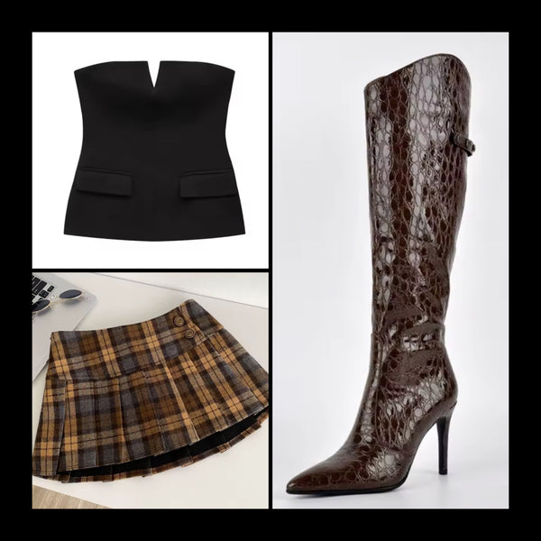 Women Pointed Toe Zip Up High Heel Knee Length Boots