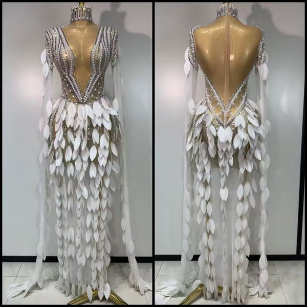 Women Sexy Beaded Feather Mesh Full Sleeve Maxi Dress