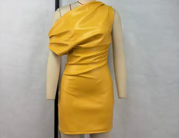 Women Sexy PU Ruched Short Sleeve Dress