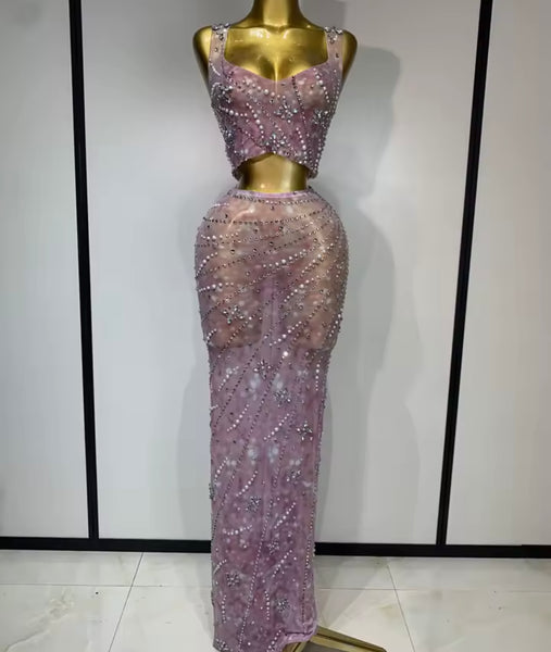 Women Sexy Sleeveless Beaded Pearl Rhinestone Two Piece Skirt Set