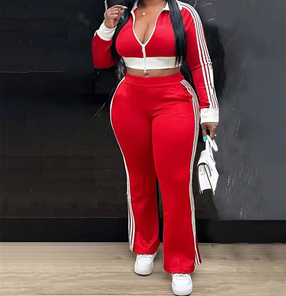 Women Color Fashion Full Sleeve Striped Tracksuit Two Piece Pant Set