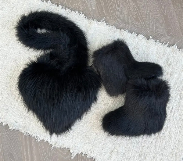 Women Fashion Faux Fur Ankle Boots Heart Handbag Set