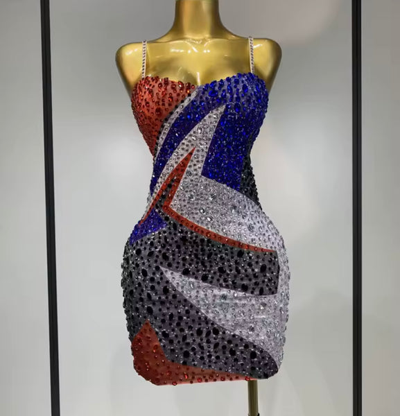 Women Sexy Color Patchwork Rhinestone Sleeveless Dress