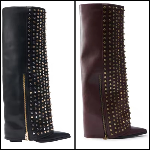 Women Fashion Rivet Zipper Knee High Boots