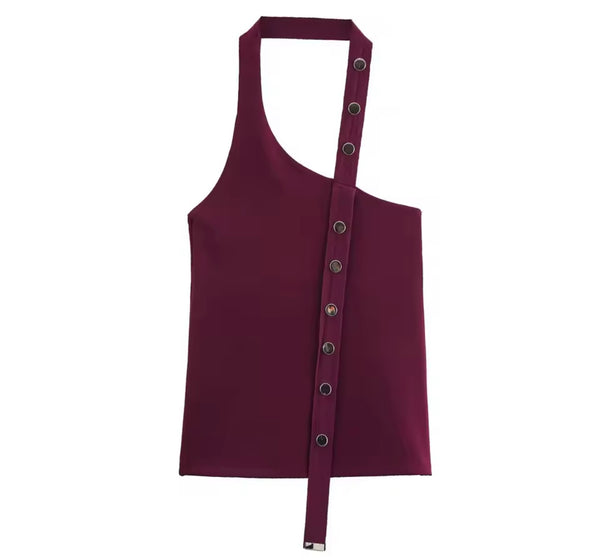 Women Sexy Halter Sleeveless Burgundy Two Piece Skirt Set