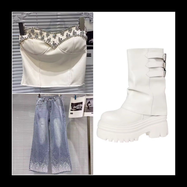 Women Fashion Blue Sequins Patchwork Denim Pants