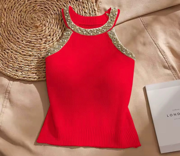 Women Beaded Bling Sleeveless Fashion Top