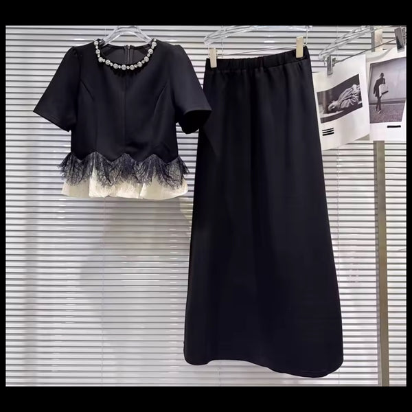 Women Black Rhinestone Collar Short Sleeve Two Piece Maxi Skirt Set