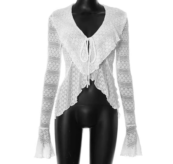 Women White Ruffled Mesh Full Sleeve Top