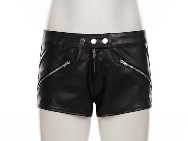 Women Black Zipper Faux Leather Fashion Shorts