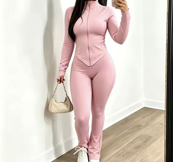 Women Fashion Color Zip Up Headband Three Piece Pant Set