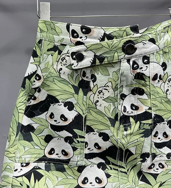 Women Fashion Panda Print Denim Short Skirt