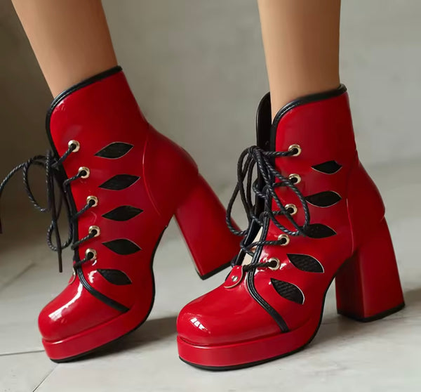 Women Fashion Color Lace Up Patent Leather Ankle Boots