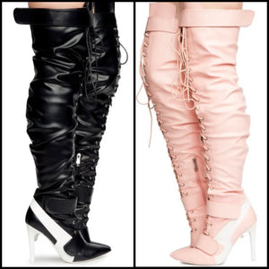 Women Fashion Faux Leather Lace Up Over The Knee Boots