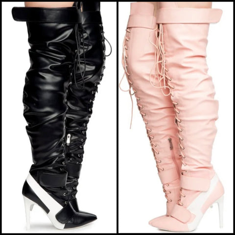 Women Fashion Faux Leather Lace Up Over The Knee Boots