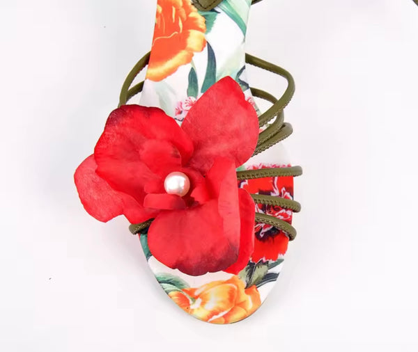Women Fashion Floral Lace Up High Heel Sandals