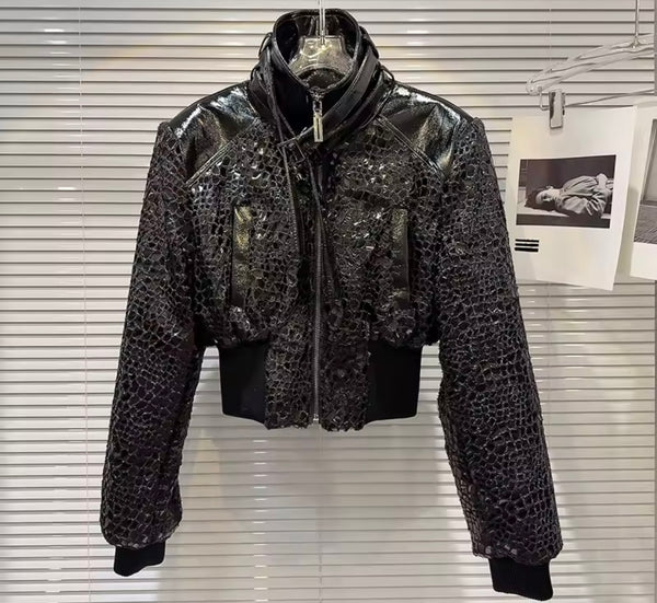 Women Black Fashion Crocodile Shiny Zip Up Jacket