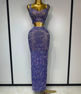 Women Sexy Sleeveless Beaded Pearl Rhinestone Two Piece Skirt Set