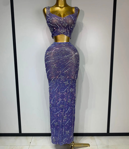 Women Sexy Sleeveless Beaded Pearl Rhinestone Two Piece Skirt Set