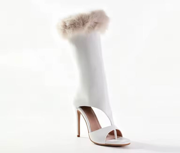 Women White Fashion Open Toe Fur Patchwork Boots