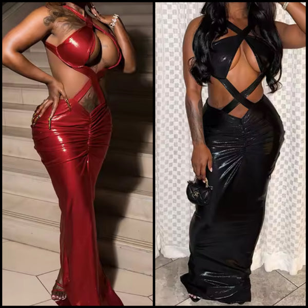 Women Sexy Halter Criss Cross Cut Out PU Ruche Maxi Dress