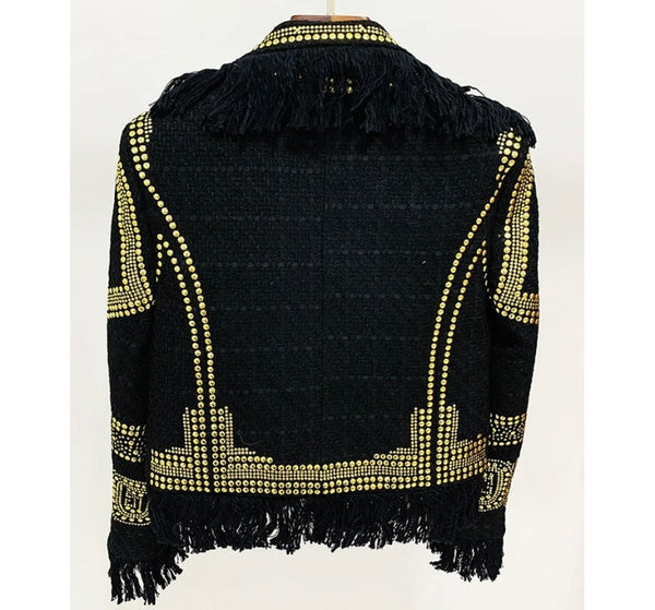 Women Gold Sequins Patchwork Fringe Blazer Jacket