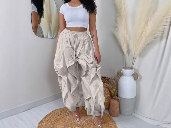 Women Color Fashion Ruffled Drawstring Pants