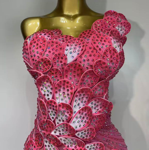 Women Pink One Shoulder Sleeveless Rhinestone Floral Mesh Maxi Dress