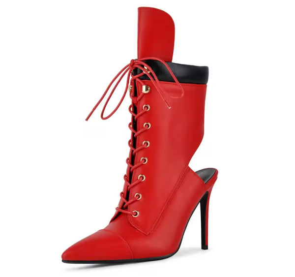 Women Fashion Pointed Toe Lace Up Cut Out High Heel Ankle Boots