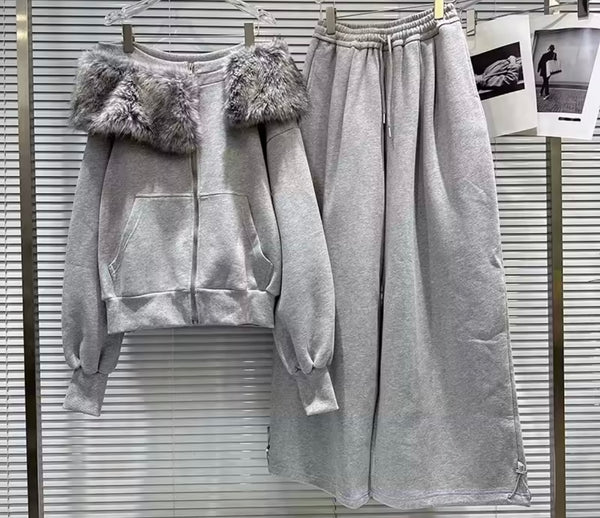 Women Gray Off The Shoulder Zip Up Fashion Two Piece Pant Set