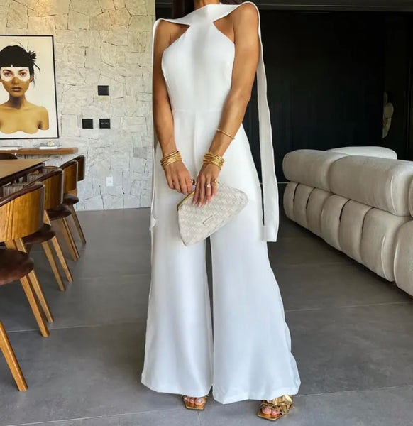 Women White Sexy Sleeveless Wide Leg Jumpsuit