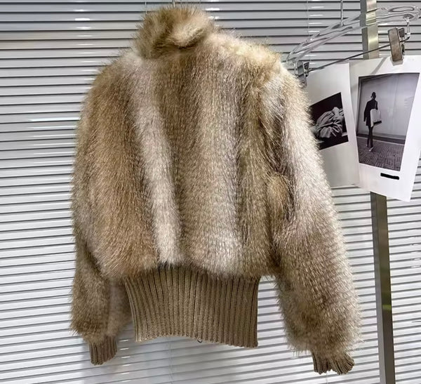 Women Fashion Color Patchwork Zip Up Faux Fur Jacket