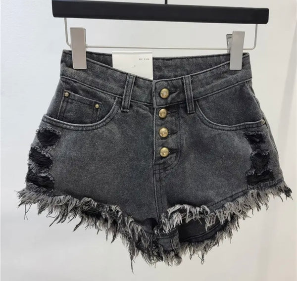 Women Ripped Fringe Button Up Denim Shorts