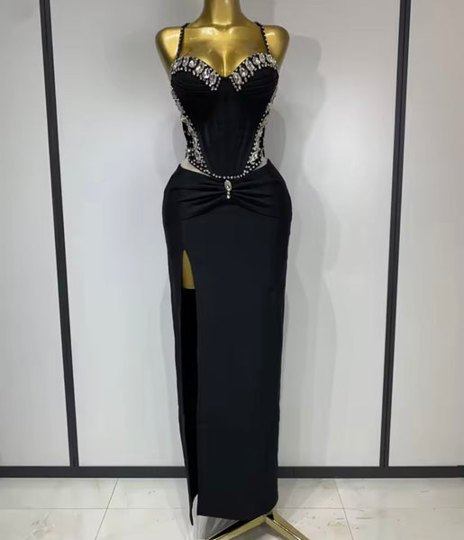 Women Sexy Sleeveless Mesh Rhinestone Patchwork Maxi Dress