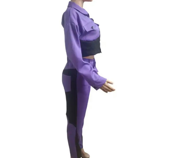 Women Fashion Color Patchwork Full Sleeve Button Up Pant Set