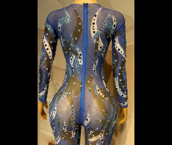 Women Sexy Color Patchwork Beaded Bling Full Sleeve Jumpsuit