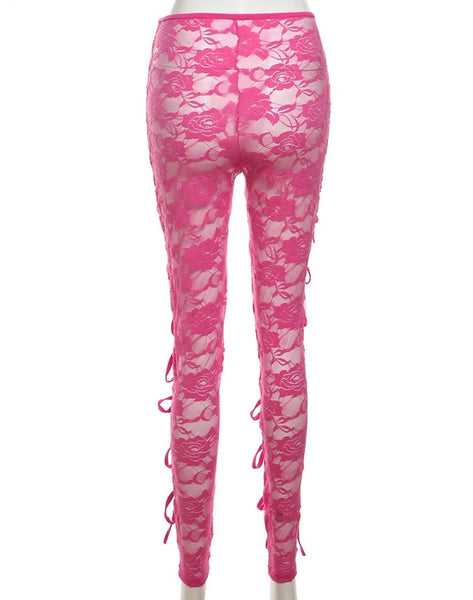 Women Sexy Cut Out Tie Up Three Piece Lace Pant Set
