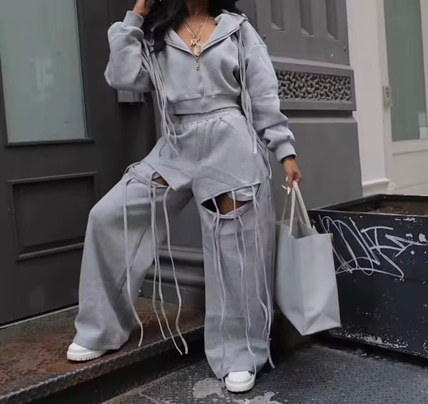 Women Hooded Zip Up Cut Out Tassel Tracksuit Two Piece Pant Set