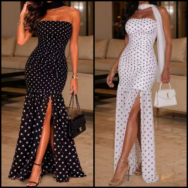 Women Sexy Strapless Polka Dot Side Split Maxi Dress